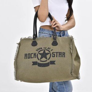 NWT $160 Extra Large BORN TO BE A ROCKSTAR Army Green Canvas Tote Bag w/Fringe